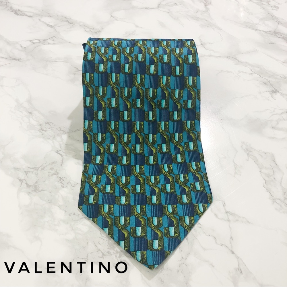 Valentino Blue Green Vintage Geometric Silk Tie
